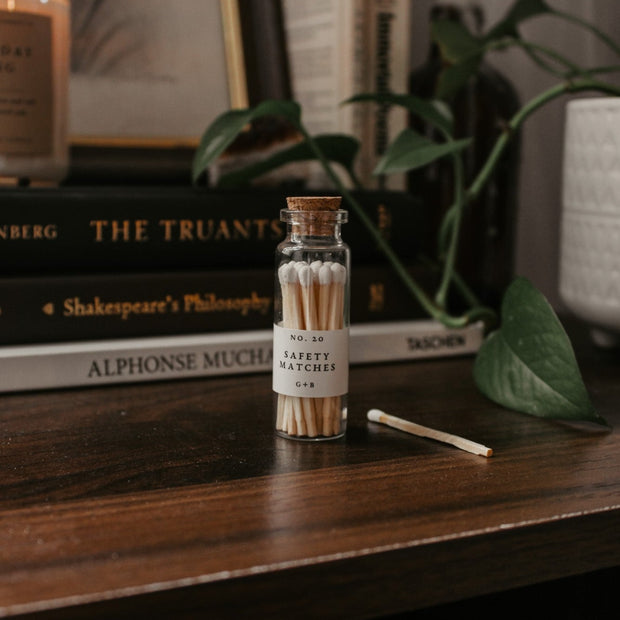 A decorative bottle of matches can be such a cute addition to your decor while keeping them handy for lighting your candles. Grace + Bloom Candle Co white-tipped safety matches are in a cork-topped apothecary vial with a striker pad on the bottom of the bottle.